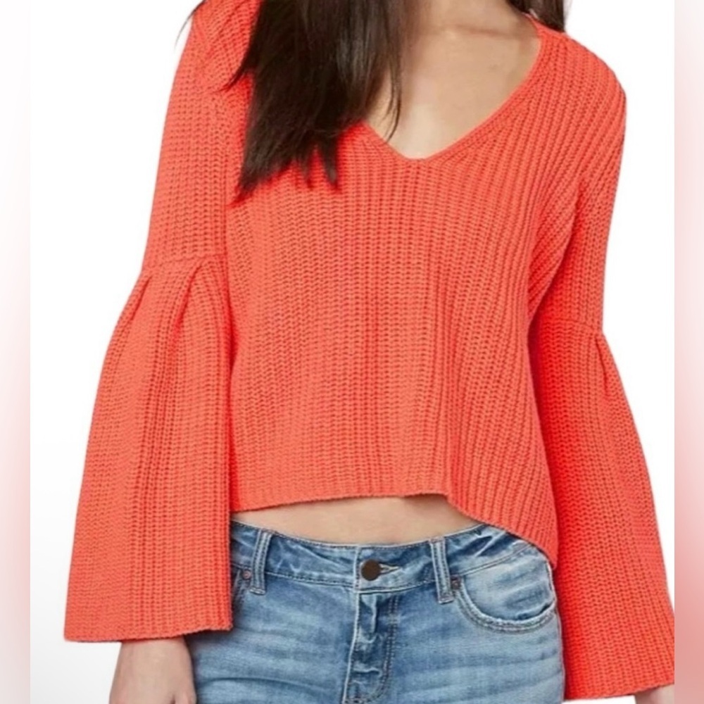 Free People Damsel Coral Oversized Knit Sweater with Bell Sleeves - Size XS